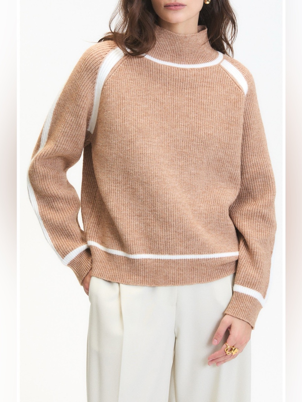 Deluc Tan Cowlneck Sweater with White Trim
